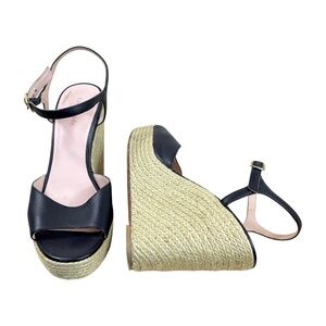 Kate Spade Espadrille Sandals Wedge Black Leather (8.5)